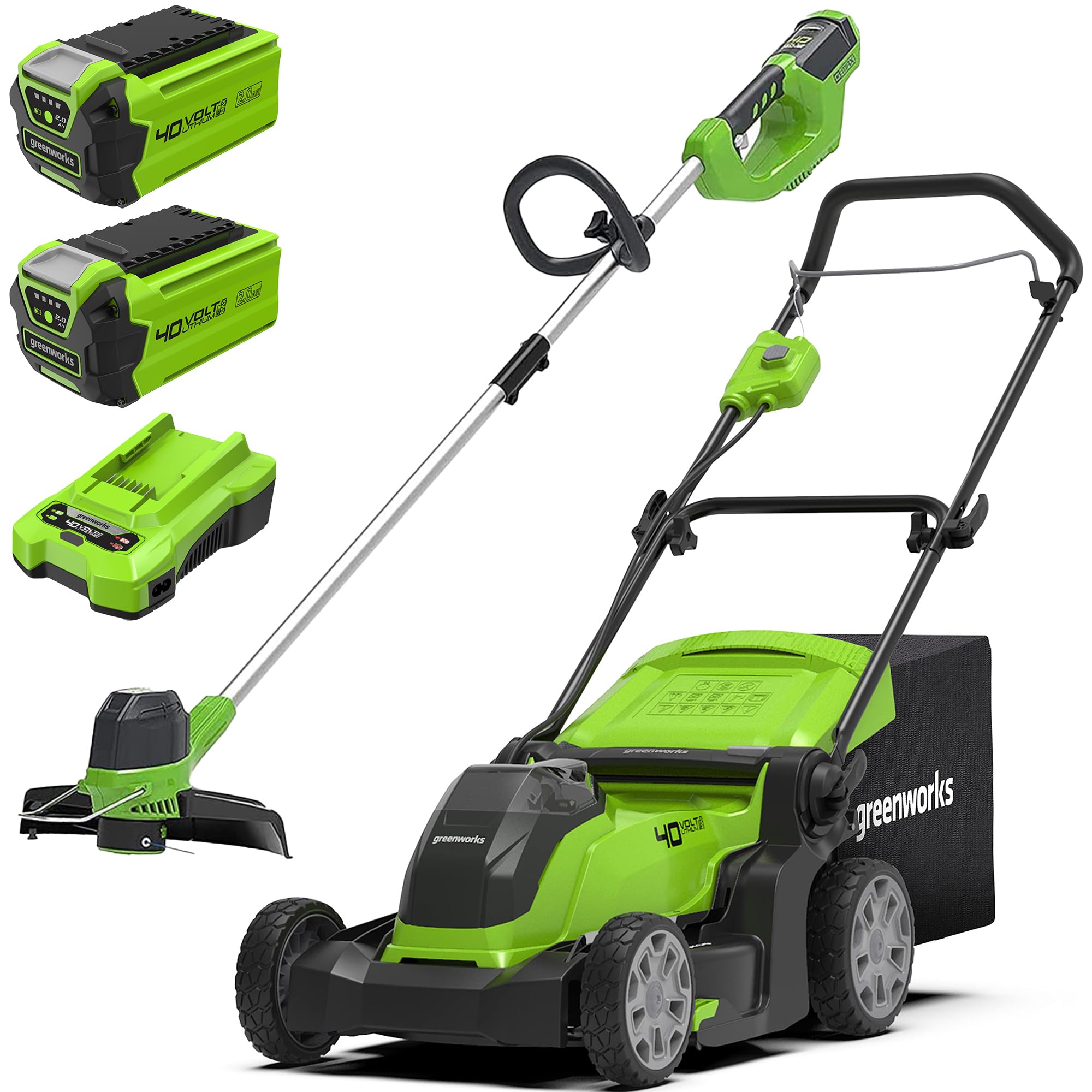 Greenworks 40V Cordless Lawn Mower 41cm with 2x 2Ah batteries and chager G40LM41K2X Bonus 40V Cordless Strimmer G40LT