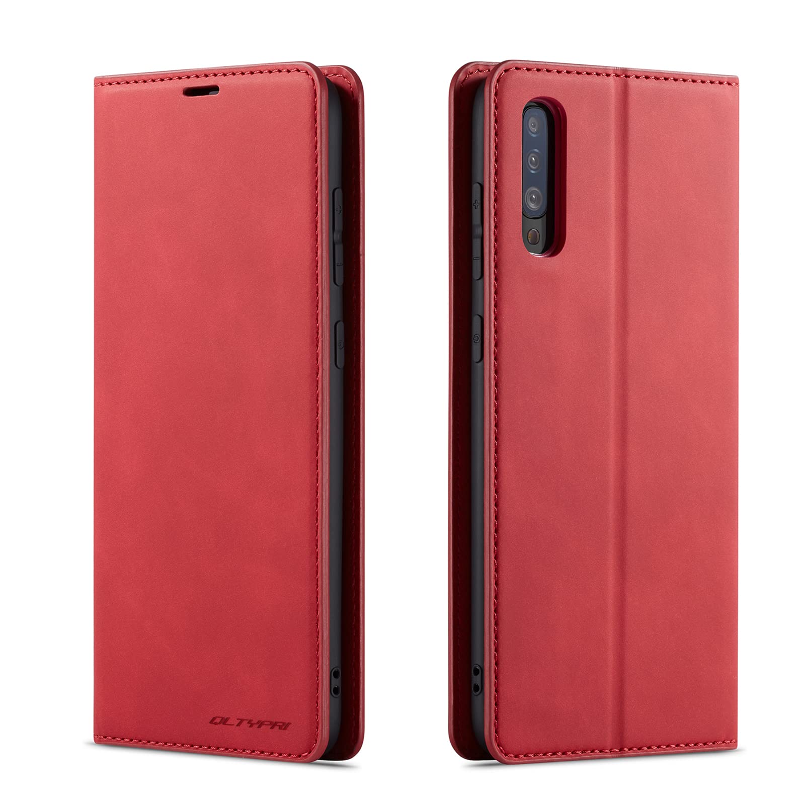 QLTYPRI Case for Samsung Galaxy A70, Premium PU Leather Cover TPU Bumper with Card Holder Kickstand Hidden Magnetic Adsorption Flip Wallet Case Cover for Samsung Galaxy A70 - Red