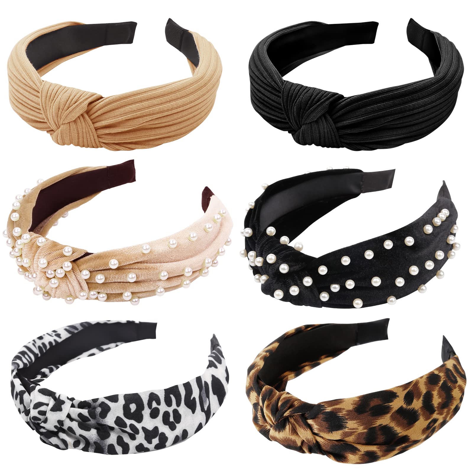 6 Packs Headbands for Women’s Hair Pearl Leopard Knotted Elastic Headband Head Bands Hairbands Fashion Black Hair Accessories for Girls Adult Women Cute Top Knot Head Band