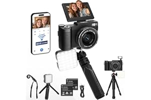 NOVZZOVAZ 5K Vlogging Camera with WiFi 64MP 4K Digital Camera for Photography Vlog Camera with Flip Screen Video Camera for YouTube with Selfie Light, Desk Tripod, Batteries
