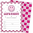 JarThenaAMCS 25 Set Hot Pink Smile Face Party Invitations with Envelopes Retro Groovy Birthday Pink Checkered Happy Face Invites for Wedding Celebration Preppy Party, 5 x 7 Inch