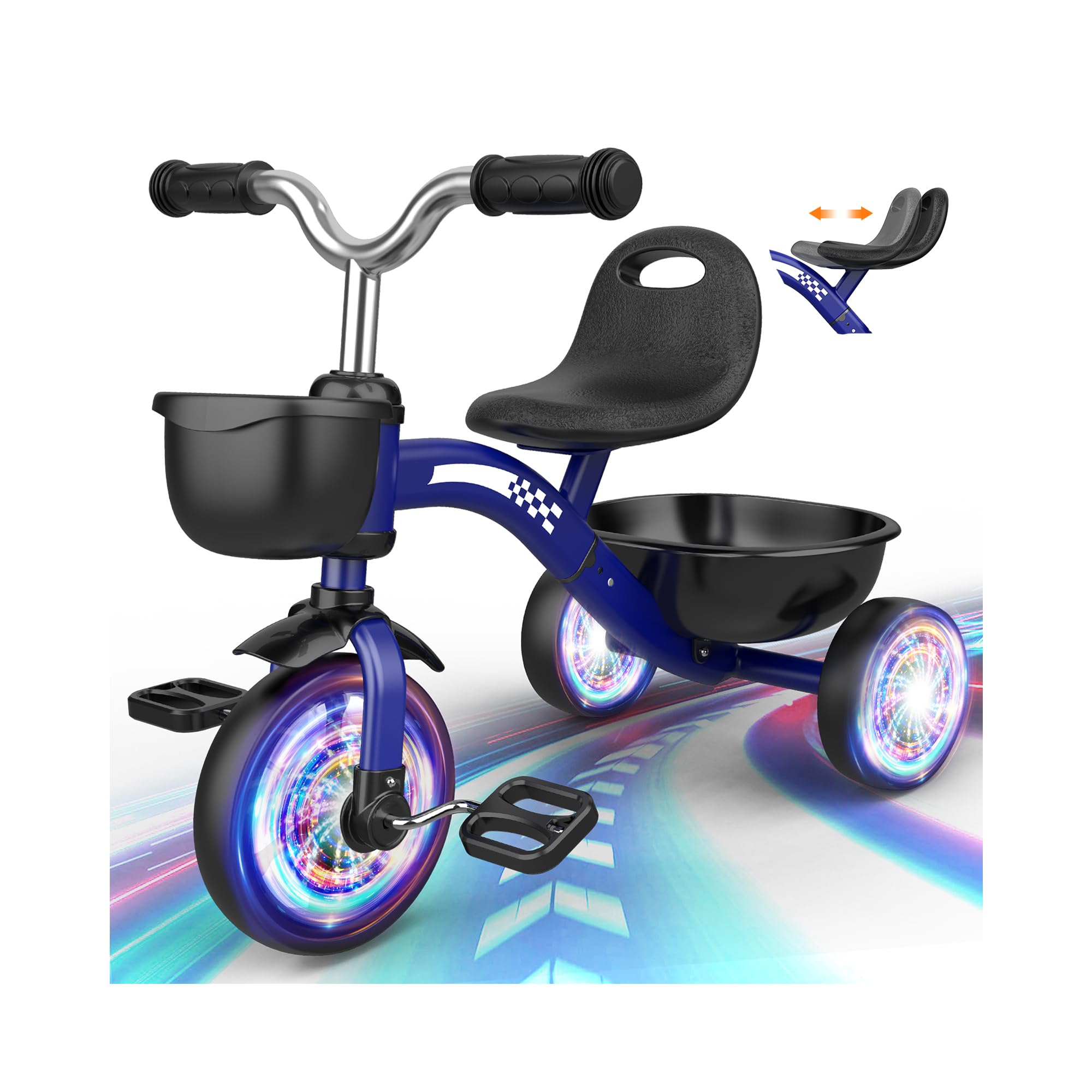 Photo 1 of Toddler Tricycle for 2-4 Year Olds, Toddler Toys Baby Bike, Toys for Ages 2-4, 3-Level Adjustable Seat, Colorful Lighting Wheels (Blue)