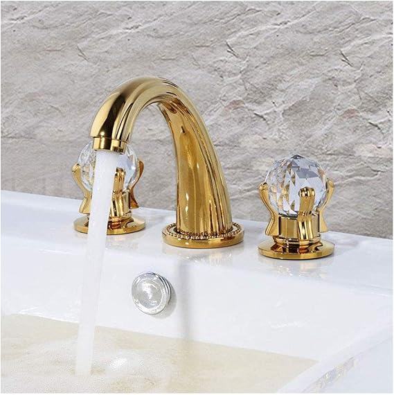 Grifo de baño dorado con perillas de cristal de 3 agujeros para lavabo