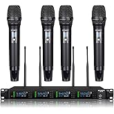 STABCL Professional 4 Channel Wireless Microphones System Auto Scan, UHF 4 x 50 Channel Metal Handheld Dynamic Cordless Microphone Set, 300Ft Range, Wireless Mics for Singing,Karaoke,Church and Dj