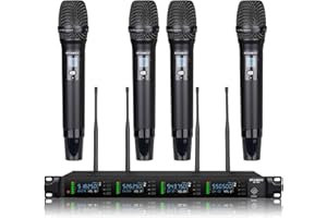 Professional 4 Channel Wireless Microphones System Auto Scan, UHF 4 x 50 Channel Metal Handheld Dynamic Cordless Microphone S