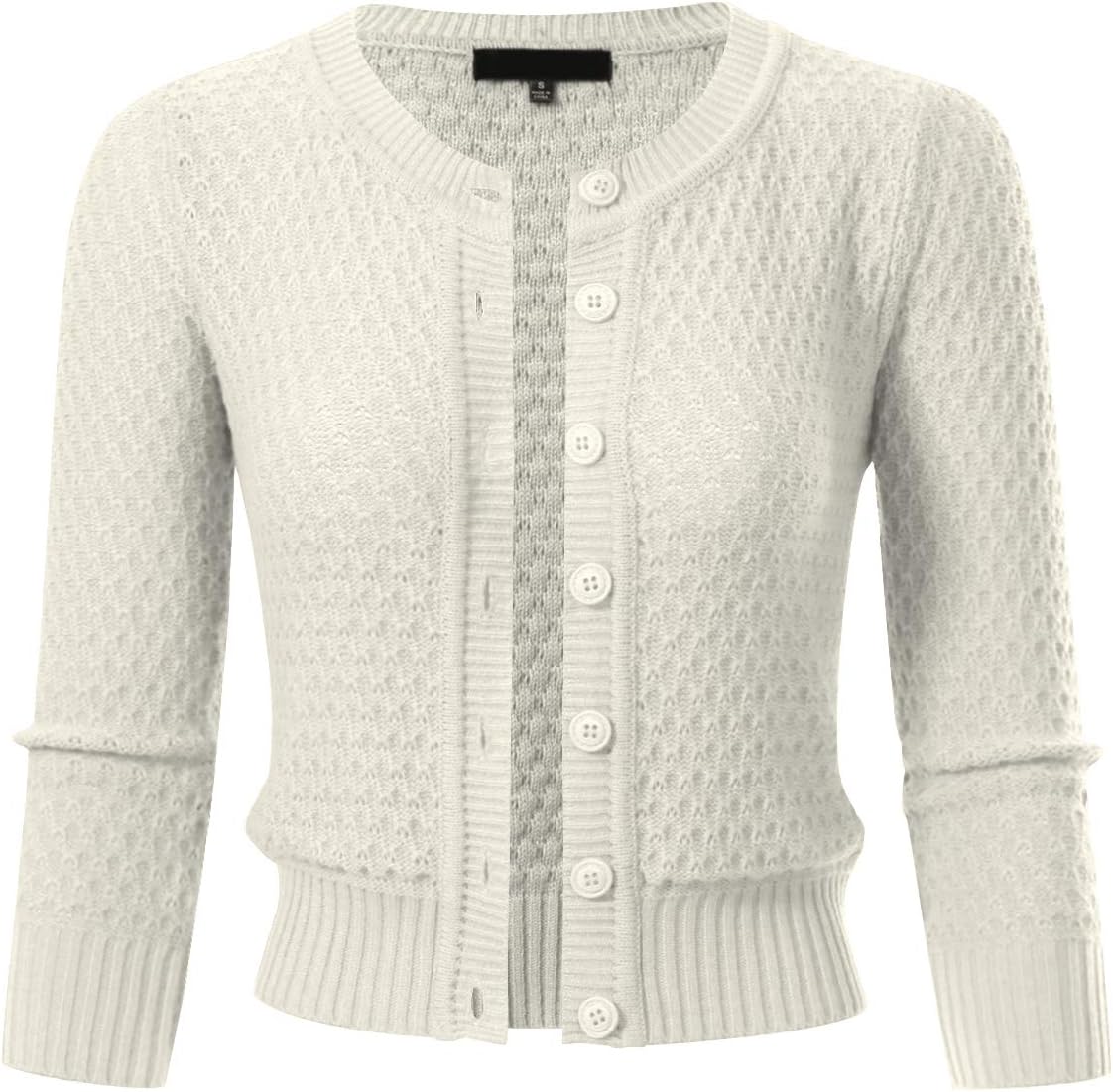 Womens Button Down 3/4 Sleeve Cropped Knit Cardigan Crochet Sweater (S-3XL)