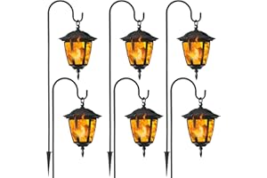Dynaming 6 Pack Solar Flame Hanging Lights Outdoor, Halloween Solar Flickering Flame LED Garden Lanterns with 6 x 38 Inch Shepherd Hooks, Christmas Lighting for Lawn Patio Yard Pathway Driveway