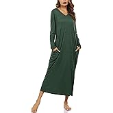 Marvmys Women Cotton Long Nightgowns Long Sleeves Nightshirts V Neck Full Length Sleep Shirts with Pocket