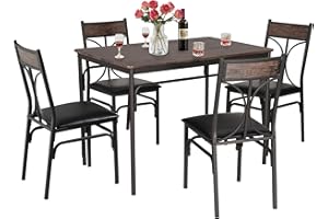 VECELO Kitchen Dining Room Table 4 Chairs for Small Space, Apartment,Metal Steel Frame, 5-Piece Set, Brown