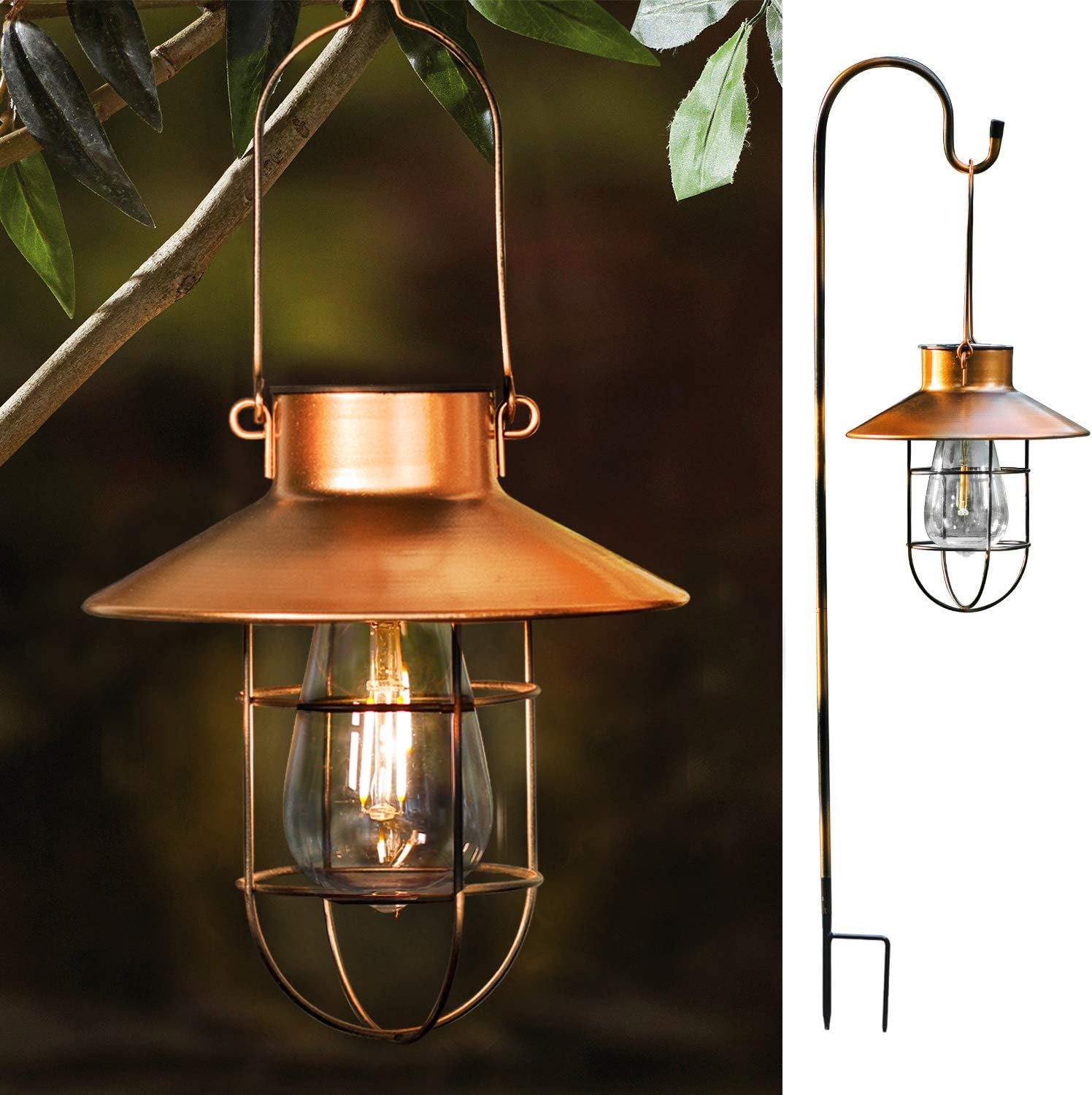 EKQ ROJOY 1Pack Upgrade Hanging Solar Lights Lantern with 1 Shepherd Hook,Metal Solar Waterproof Lantern for Pathway Garden Outdoor (1Pack) (Coppe)