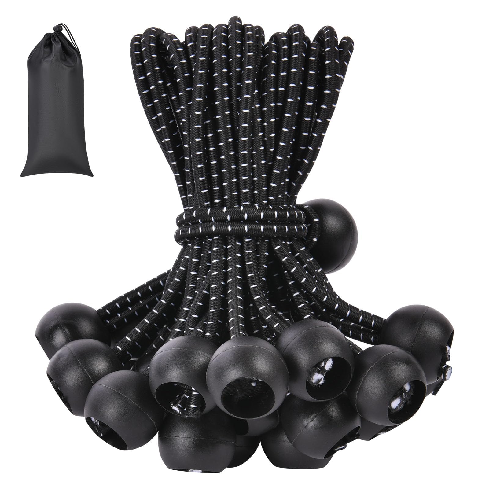 Adiwo Bungee Cord with Balls, 50 Pcs 4 Inch Tarpaulin Bungee Cords, Heavy Duty Elastic Bungee Ball Cords, Flexible Adjustable Black Bungee Straps for Tent, Camping, Household Items, Canopies, Flags