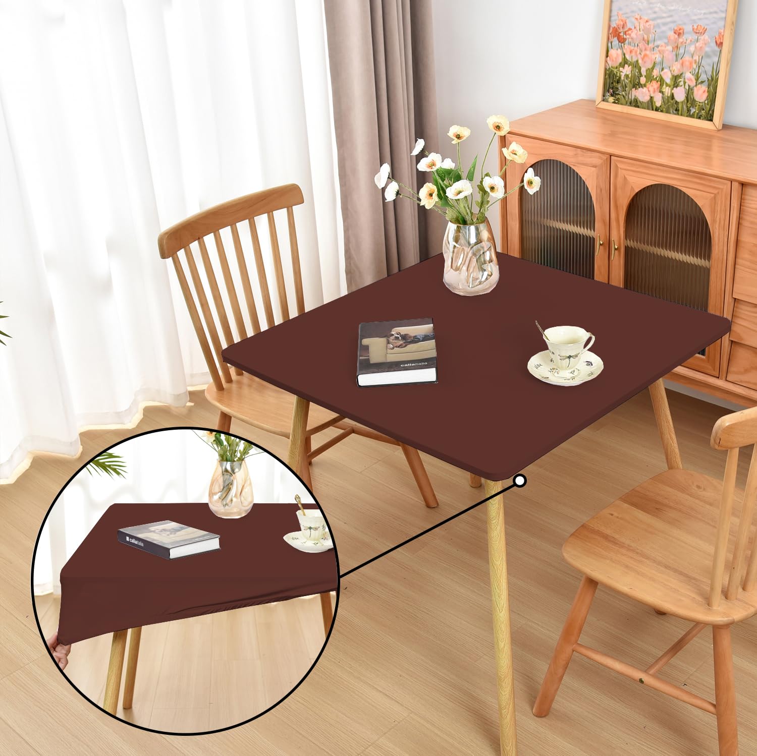 Photo 1 of Amonsa Brown Fitted Tablecloth with Elastic for 34x34 inch Square Folding Tables Washable Stretchy Spandex Card Table Covers Cloth Fabric Table Cloths Not Vinyl