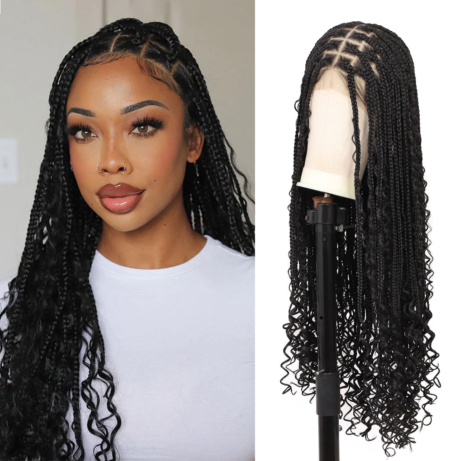 Photo 1 of Fecihor 13x8 Inch HD Lace Front Boho Knotless braided Wigs For Women 36" Braided Wig With Baby Hair Braid Lace Front Wig Human Hair Blended Bohemian Braiding Wig