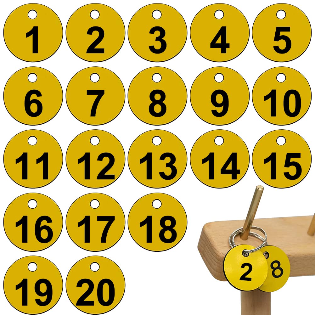 Plastic Number Tags, Number Tag for Key, Numbered Tags, Plastic ID Tags, Number Labels for ID Locker Room Luggage Bag Locker Dormitory (1-20, Yellow), 10Pcs