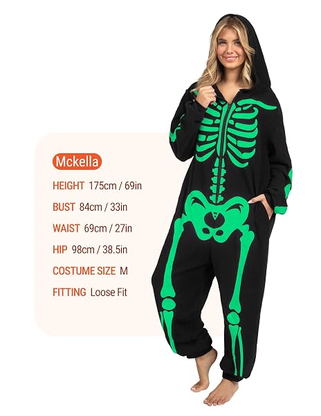 SPOOKTACULAR CREATIONS ADULT SKELETON COSTUMES FOR WOMEN GLOW IN THE DARK SKELETON JUMPSUIT ZIP-UP HOODED JUMPSUIT HALLOWEEN COSPLAY COSTUME