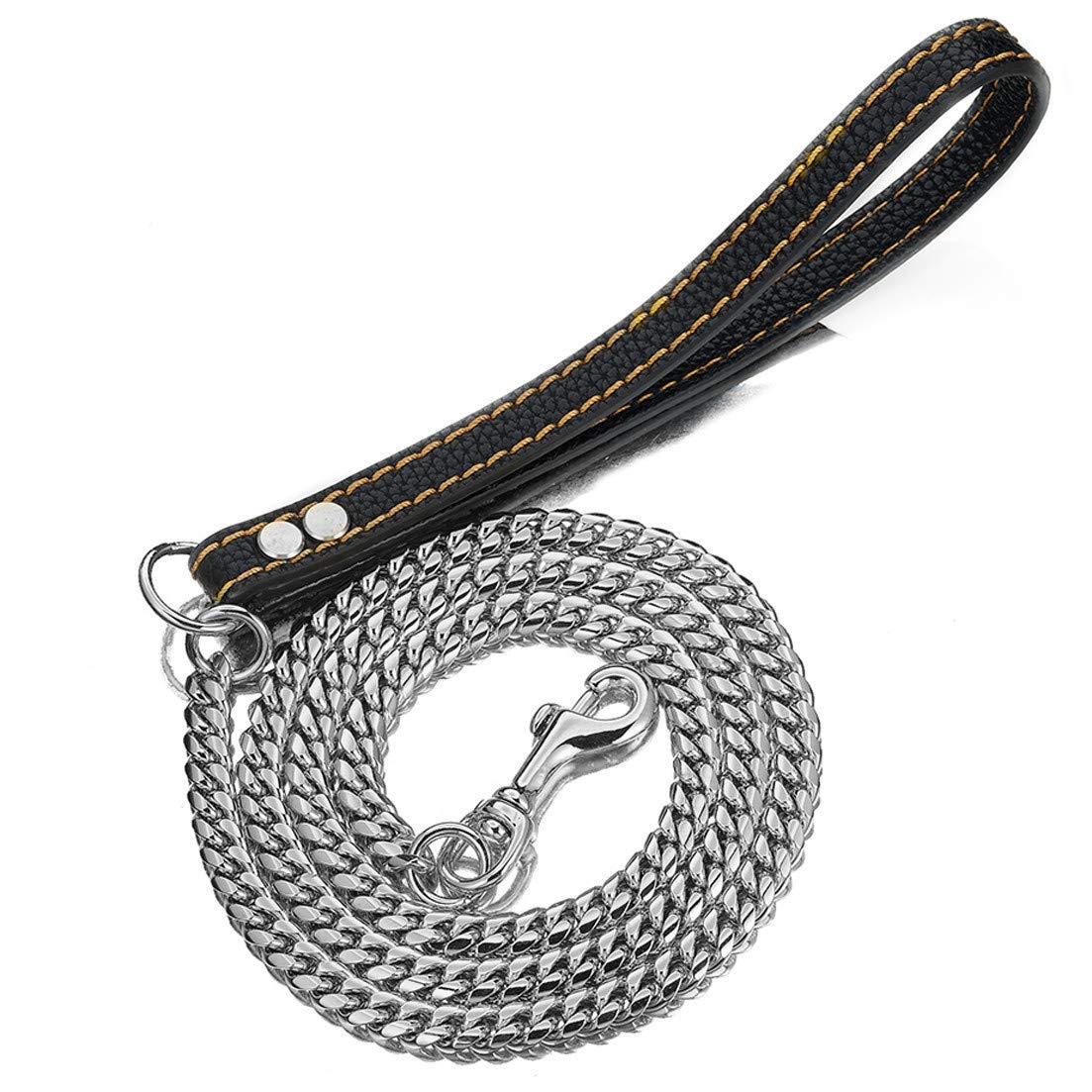 Photo 1 of Aiyidi Heavy Duty Stainless Steel Dog Chain Leash, 3FT/4FT/5FT Cuban Link Metal Dog Leashes, for Large Medium Small Dogs, with Genuine Leather Handle (Silver, 5FT)