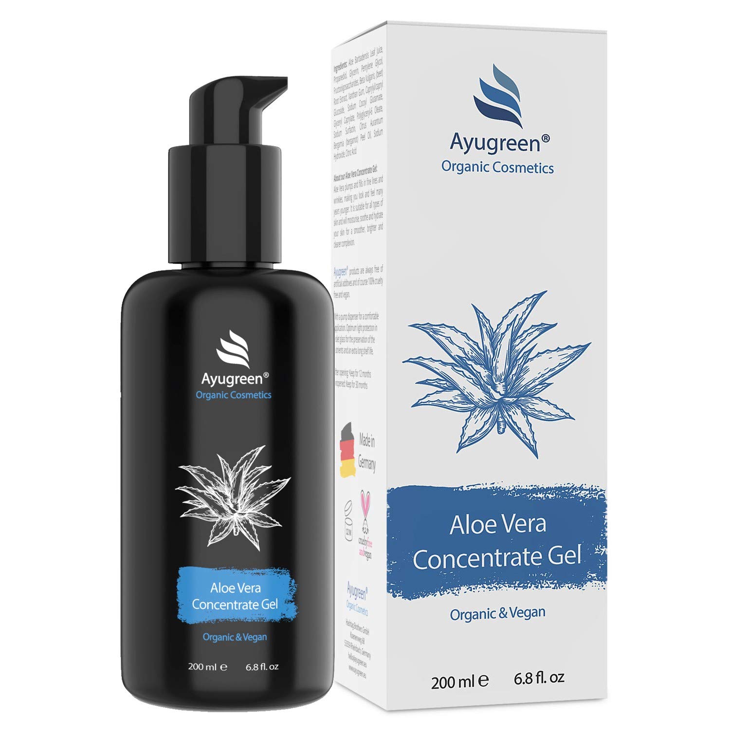 AYUGREEN Organic Aloe Vera Gel 200ml, Vegan - Anti-Aging Concentrate Made of Pure Aloe Vera Juice for Face, Neck, Décolleté, Body - Natural Cosmetics Made in Germany