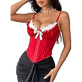 GIYKBX Women Ruffled Lace Trim Bow Sexy V Neck Corset Tops Adjustable Straps Bustier Bodyshaper Crop Top