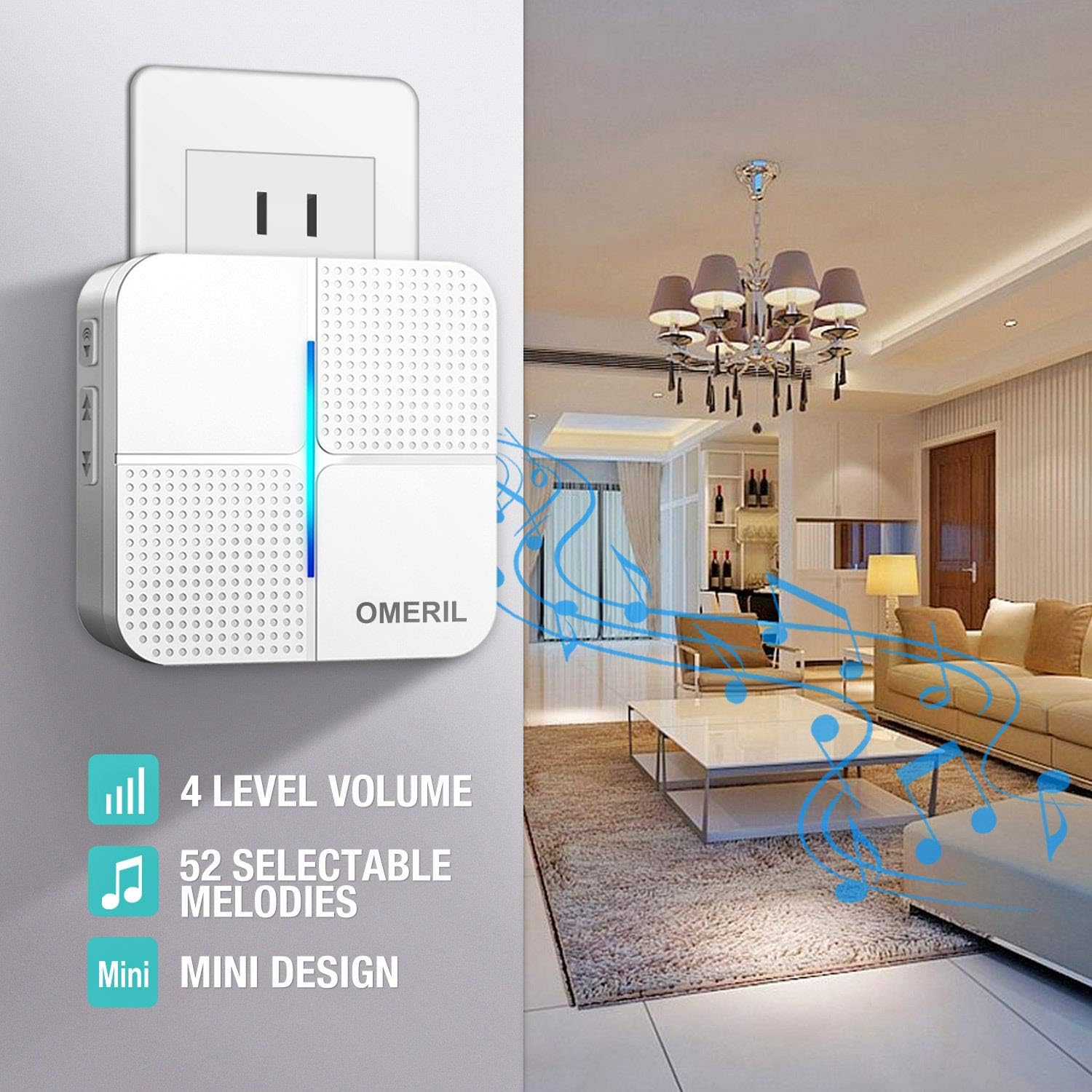 Wireless Doorbell OMERIL IP55 Waterproof Door Bell Chime Kit With 1000ft Range 52 Chimes 4 Level