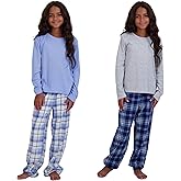 US Angels Girl's Pajama Sets, 4-Piece Pajamas for Girls - Long Sleeve Shirt, Plaid Microfleece Pants