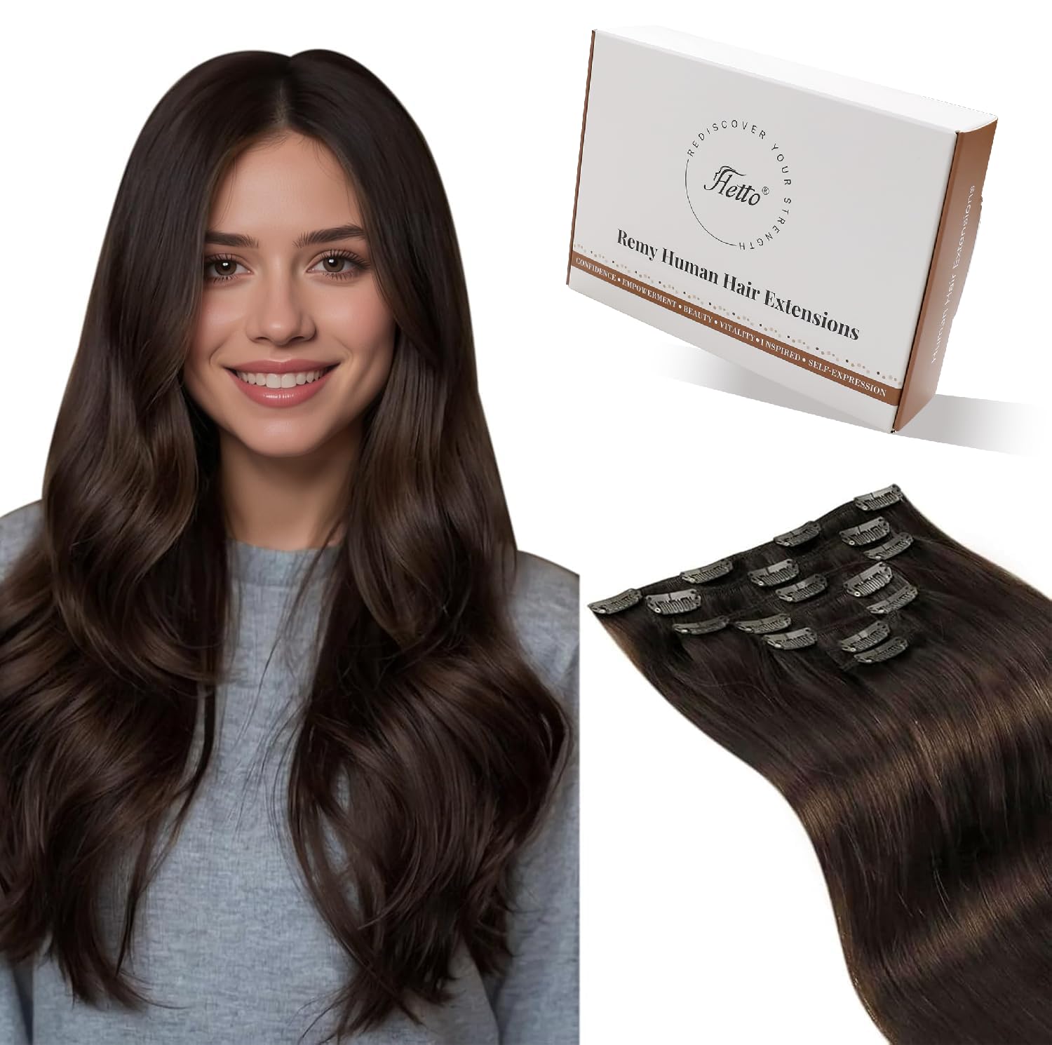 Hetto Clip in Hair Extensions Real Human Hair Dark Brown 16 Inch 120g 7pcs - Invisible Hair Extensions Clip in Human Hair, Sleek Natural Seamless Hairpieces for Office & Daily Commute #2