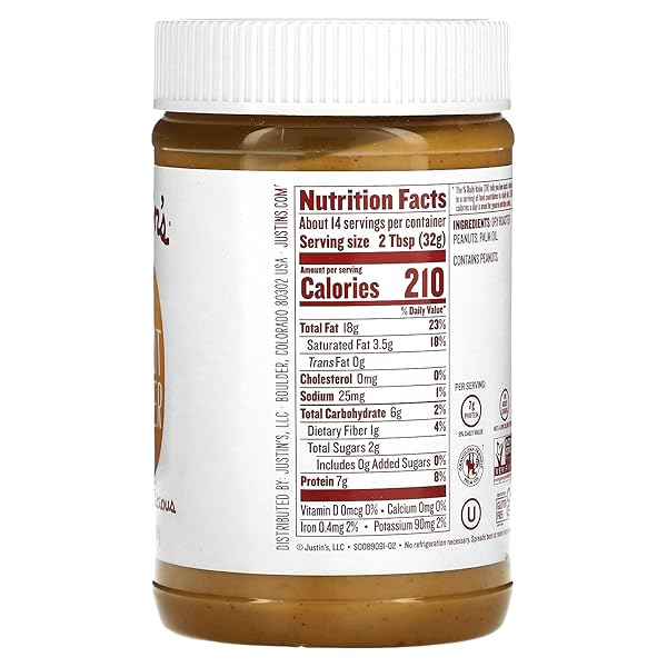JUSTIN’S CLASSIC PEANUT BUTTER, ONLY TWO INGREDIENTS, NO STIR, GLUTEN-FREE, NON-GMO, KETO-FRIENDLY, RESPONSIBLY SOURCED, 16OZ JAR