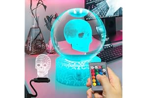 Fanrui 3D Crystal Halloween Skull Lamps,80MM RGB Crystal Skeleton Figurines Ball Table Lamp,16 Colors Dimmable LED Lamp with Remote,Touch Lamps for Living Room,Bedroom Home Office Horror Statue Decor