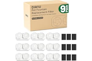 DIANU Official Cat Water Fountain Replacement Filters & Pre-Filter Sponges for 3.2L/108oz Stainless Steel Pet Fountain (9 Pack)