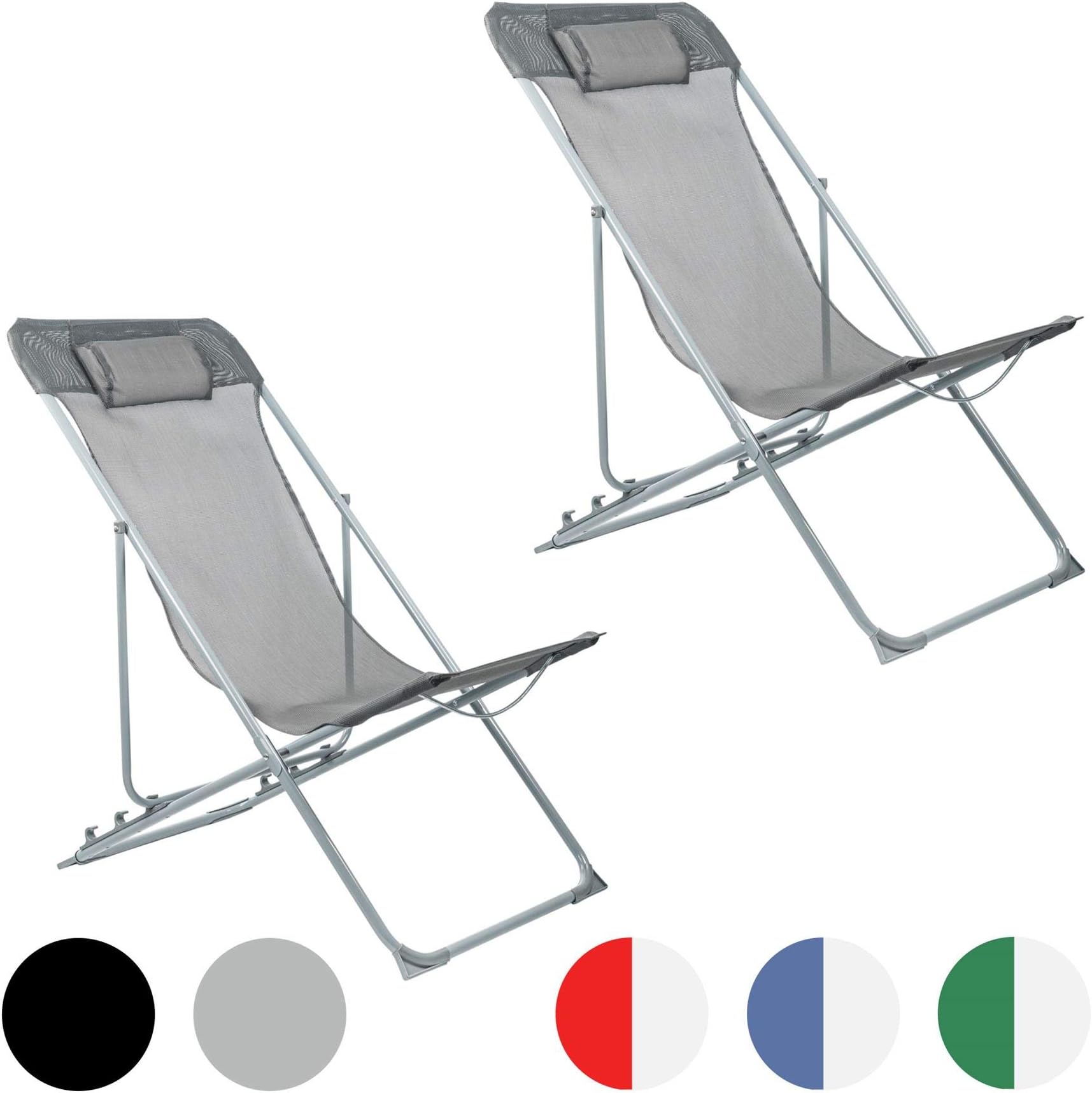 Harbour Housewares 3-Position Deck Chair Adjustable Outdoor Garden Recliner - Grey - Pack of 2