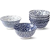 Selamica Blue and White Porcelain 20oz Cereal Bowl Set - Set of 6, 6 inch Soup Bowls, Ceramic bowls for Cereal, Soup, Salad and Pasta, Vintage Blue
