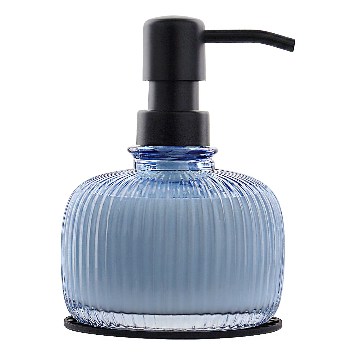 Photo 1 of 12 OZ Soap Dispensers with Silicone Mat, for Kitchen and Bathroom Contertop Wash Hand Liquid, Dish Detergent, Farmhouse Style Shampoo Lotion Pump (1, Blue Glass with Black, 4" x 4" x 5-1/2")