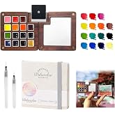 Travel Watercolor Paint Set - Pocket 15-Color Mini Kit with Sketch Pad | Portable folding wooden palette with 30-sheet pad, 2 water brushes and binder clips for adult painting at home or on the go