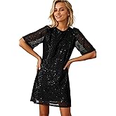 R.Vivimos Women's Loose Party Sparkly Sequin Dress Short Sleeve Back Button Crew Neck Glitter Mini Shift Dress Clubwear