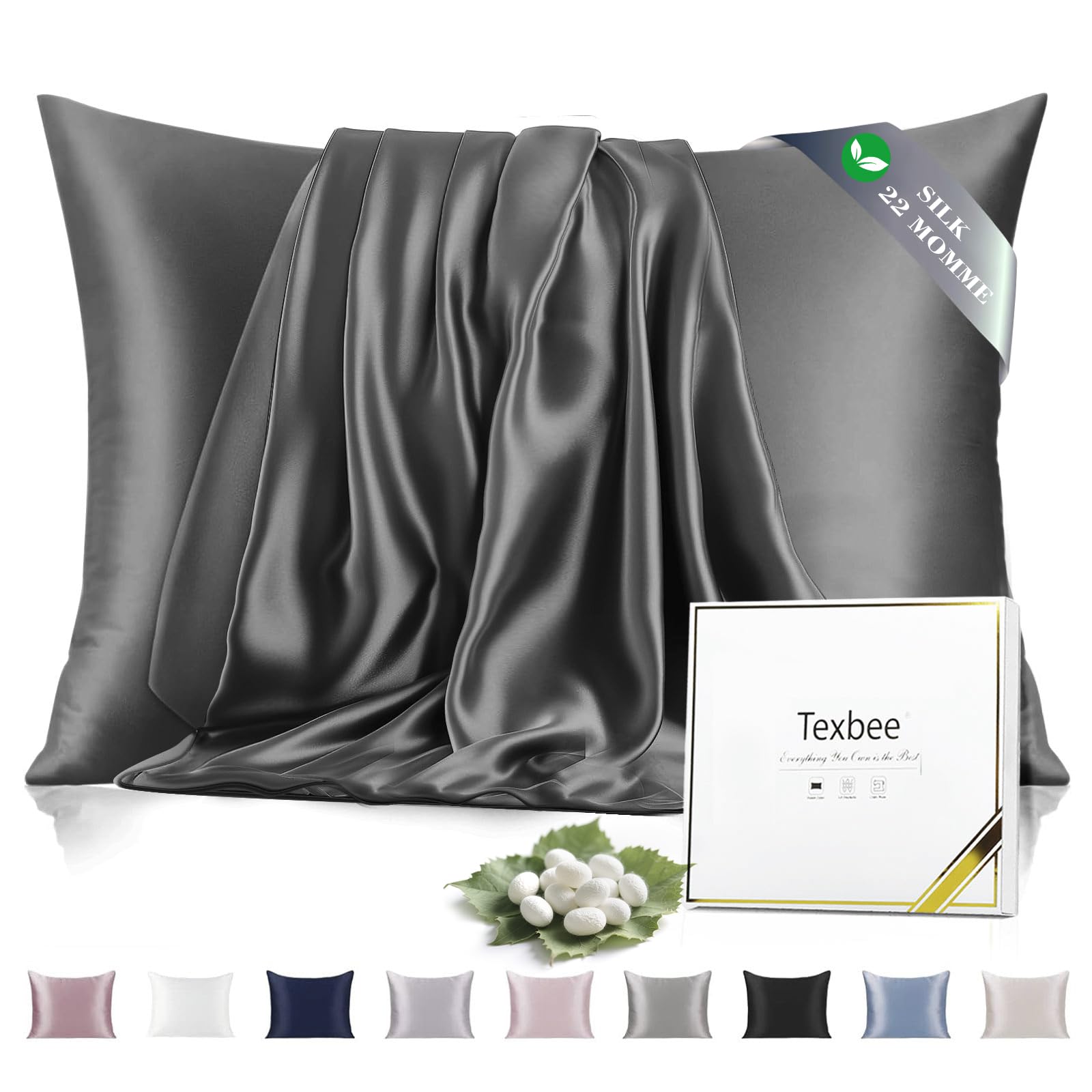 Texbee Silk Pillowcase, 22 Momme Mulberry Silk Pillowcases for Hair and Skin Health, Soft Smooth Breathable Cool Pure Pillow Case for Beauty Sleep, with Gift Box, 1pc (Standard 50x66 cm, Space Grey)