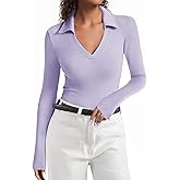 joyliveCY Long Sleeve Polo Shirts for Women V Neck Business Casual Work Tops Collared Shirts Slim Fit T-Shirts Fall Clothes Ladies Soft Ribbed Knit Work Shirts Trendy Fall Fashion Outfits, L, Lanvder