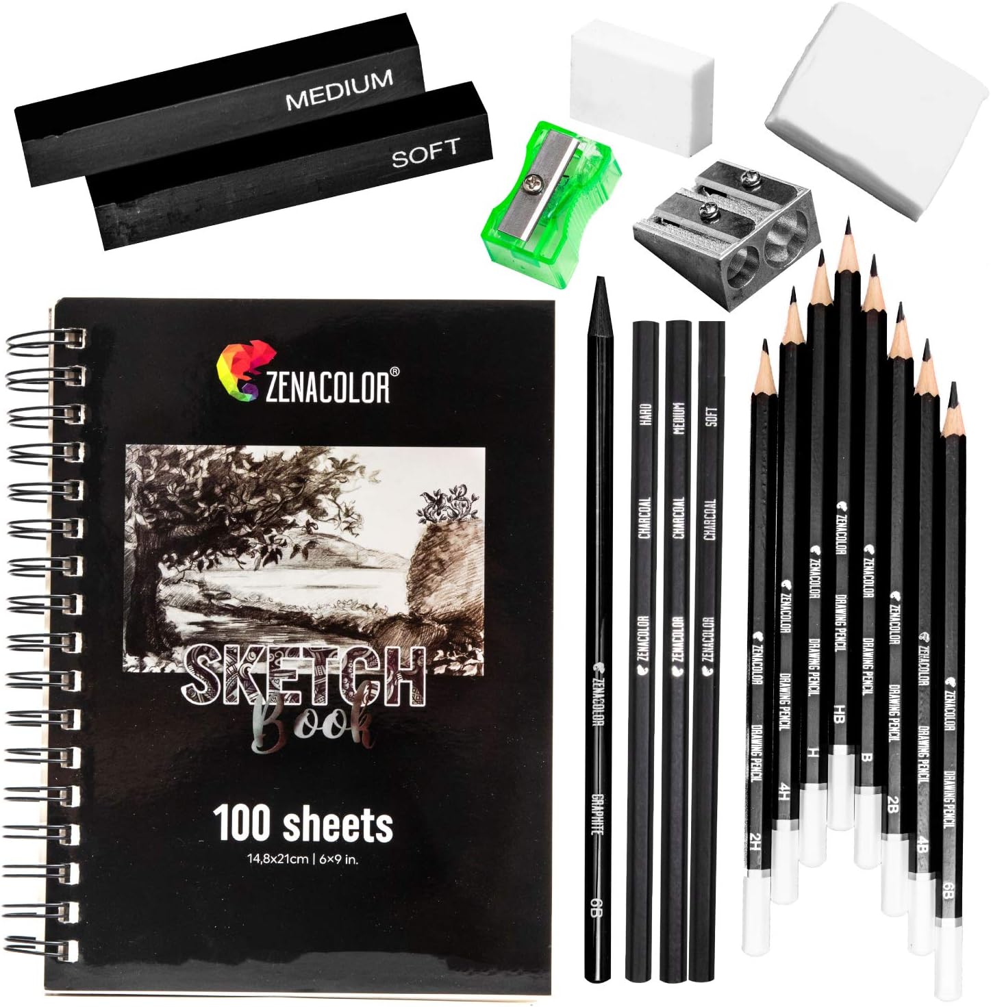 Zenacolor - Zeichen-Set - 19 Zubehörteile: 8 Bleistifte, 3 Kohlestifte, 1 Graphit Stift, 2 Kohlestäbe, 100-Seitiges Skizzenbuch - Anfänger oder Profi