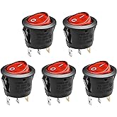 QTEATAK 5 Pack KCD1 On/Off Red LED Round Boat Rocker Switch | 3-Pin 2-Position Snap 10A/125V, 6A/250V