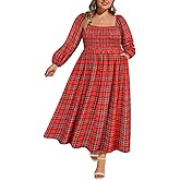 RITERA Plus Size Dresses for Curvy Women Square Neck Fall Long Sleeve Floral Smocked Maxi Dress with Pocket XL-5XL