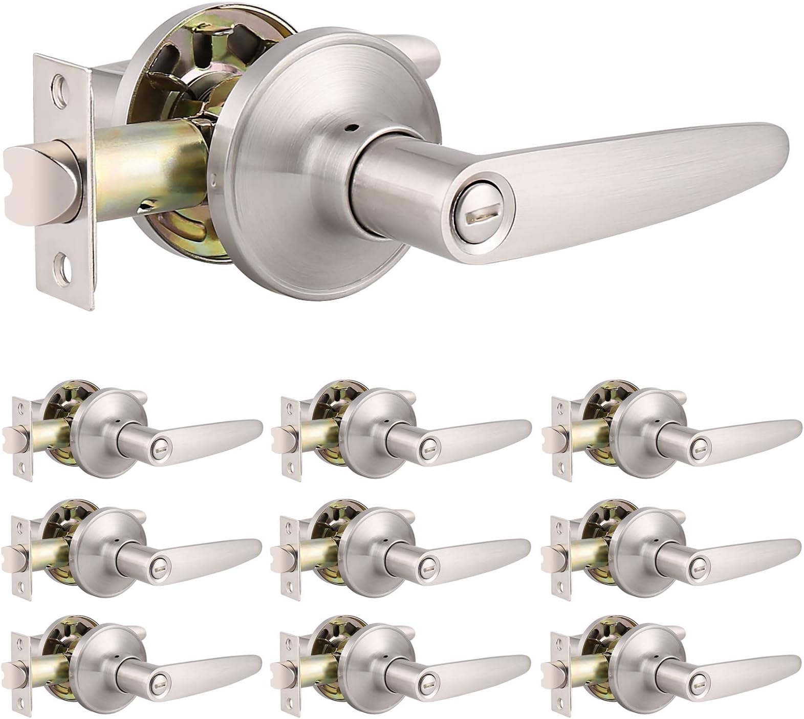 Privacy Straight Door Levers Interior-for Bedroom or Bathroom-Brushed Nickel Finish-Keyless Leverset-10 Pack