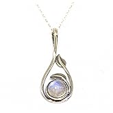 Moonstone sterling silver Necklace Pendant for Women, Handmade Natural moonstone pendant with leaves Victorian style, Unique gold plating necklace, Rainbow boho pendant necklace
