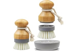 Bamboo Dish Palm Brush with Holder - 2 Pack RIMAY Wooden Replaceable Cleaning Scrub Brushes Washing Scrubber Set Kitchen Wood Dishwashing Tool for Pots,Pans,Counter&Sink