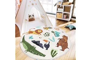 WREWING Round Rug 3.3ft, Cute Animals Large Non Slip Super Soft Plush Area Rug for Kids Room Playroom Nursery Bedroom, Educational Washable Circular Floor Mat for Home Room Decorative (Zoo)