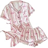 WDIRARA Women's 3 Piece Satin Pajama Set Bow Print Sleepwear Shorts Pjs Loungewear