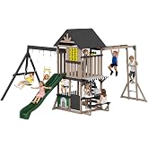 Albott Wooden Swing Set for Kids, Outdoor Playset with Playhouse | 11-in-1 Backyard Playground, Wave Slide, 2 Swings, Climbing Wall, Monkey Bars, Ages 3&ndash;8, 200"D &times; 161"W &times; 114"H
