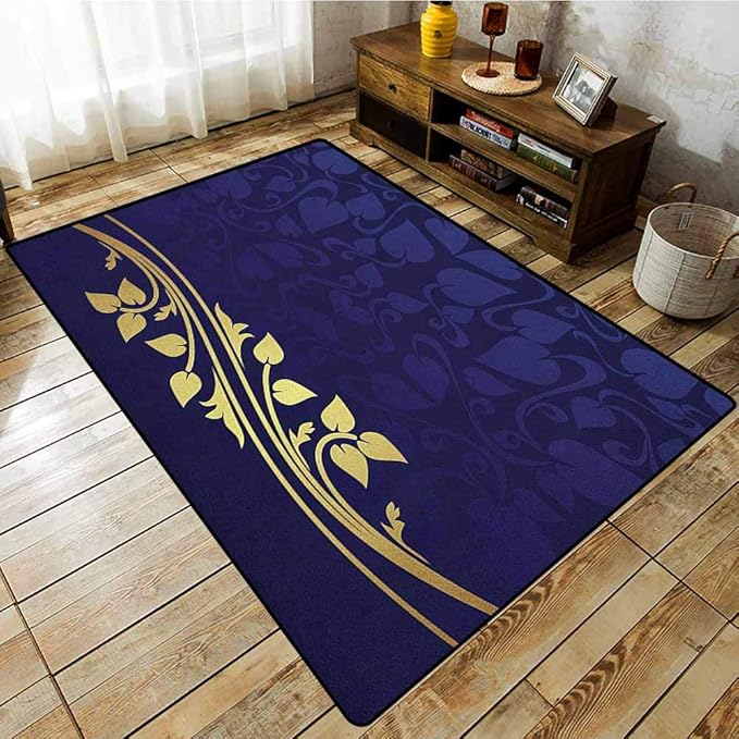 Bedroom Rug，Navy Blue，Romantic Royal Leaf Pattern with Golden Colored