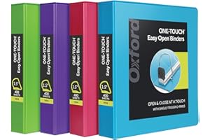 Oxford 3 Ring Binders, 1.5 inch ONE-Touch Easy Open D Rings, Durable Binders for School and Office, ClearVue, Xtralife Hinge, Non-Stick, PVC-Free, Assorted Colors, Holds 375 Sheets, 4 PK (79908)
