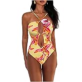 OYOANGLE Women's One Piece Swimsuit Floral Cut Out Tie Back Bathing Suits Hawaiian Swimwear