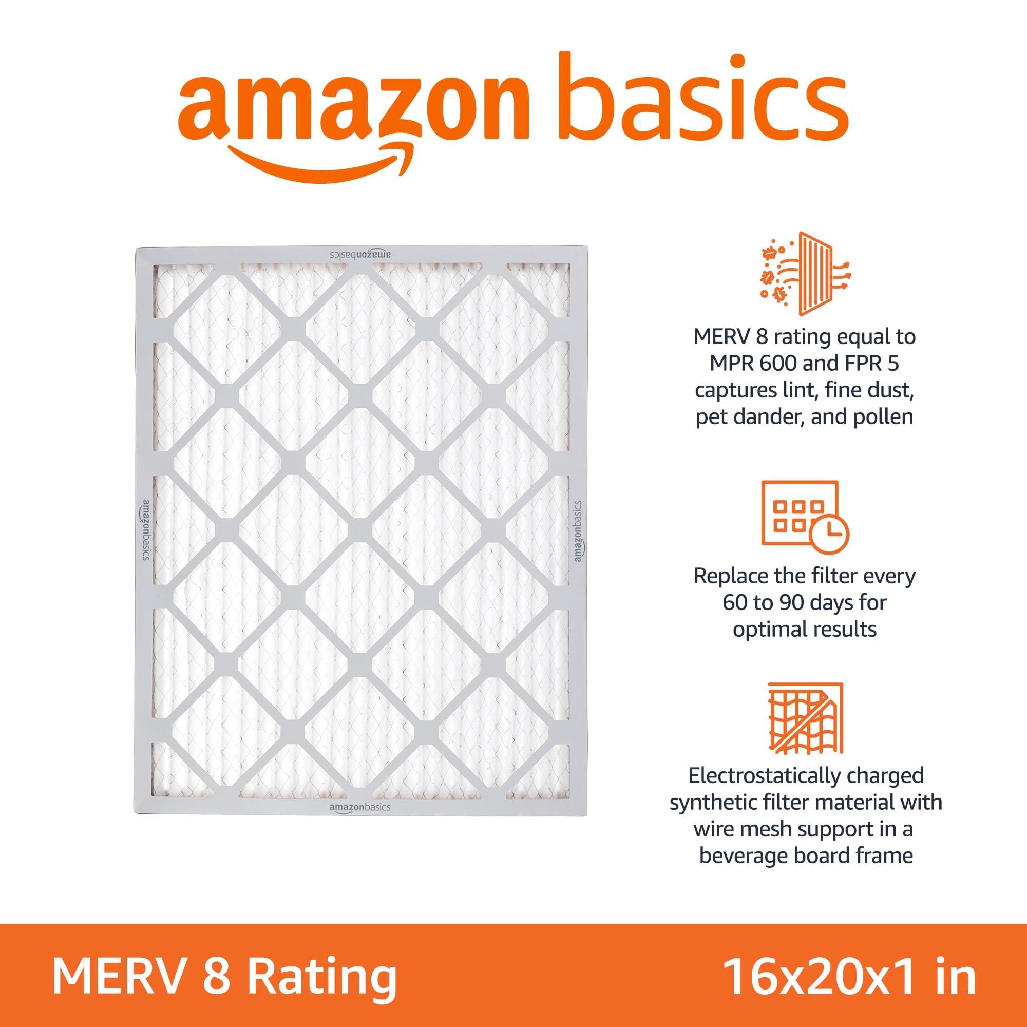 Amazon Basics 16x20x1 Air Filter 6 Pack, MERV 8 AC Furnace Filters (Actual Size: 15.75
