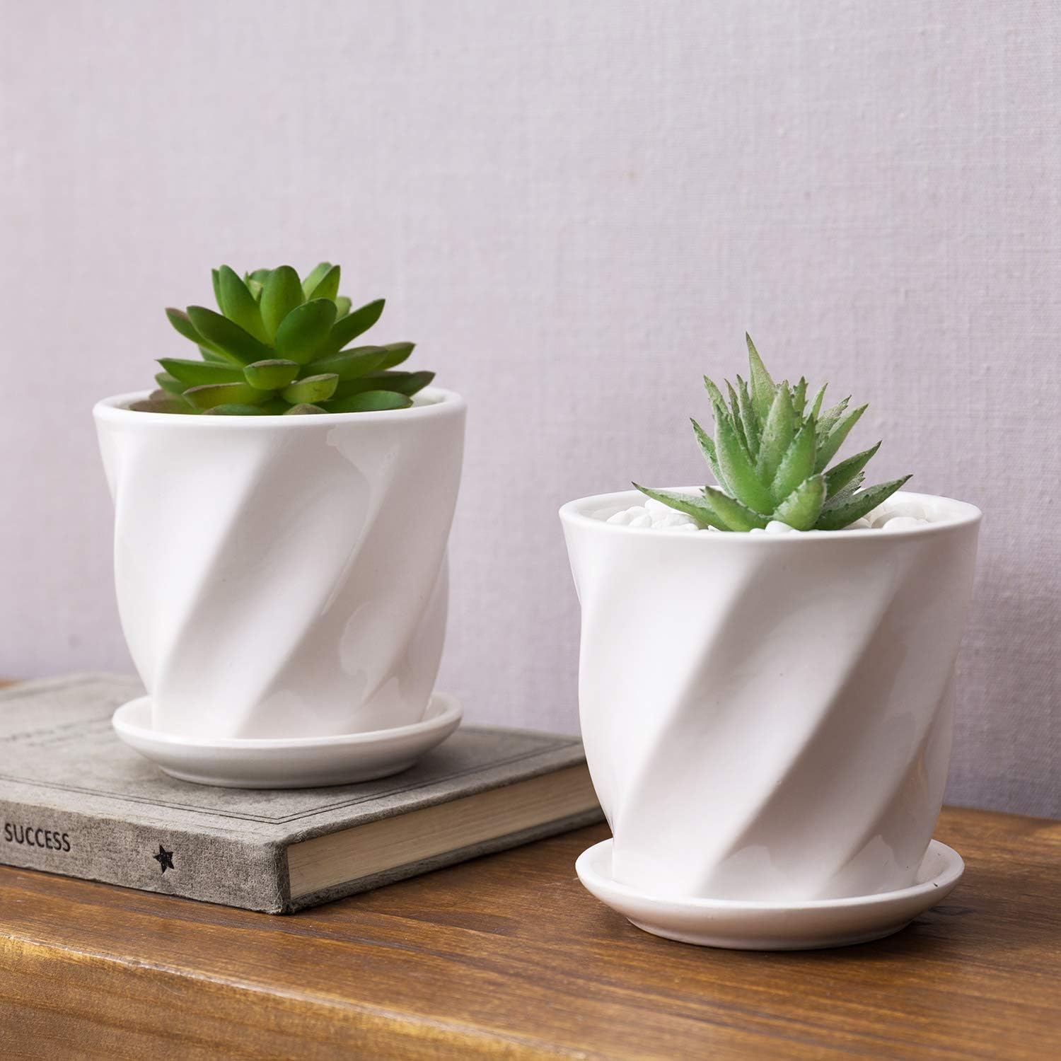 MyGift Set of 2 Contemporary Round White Ceramic Planter Pots w/Twisted