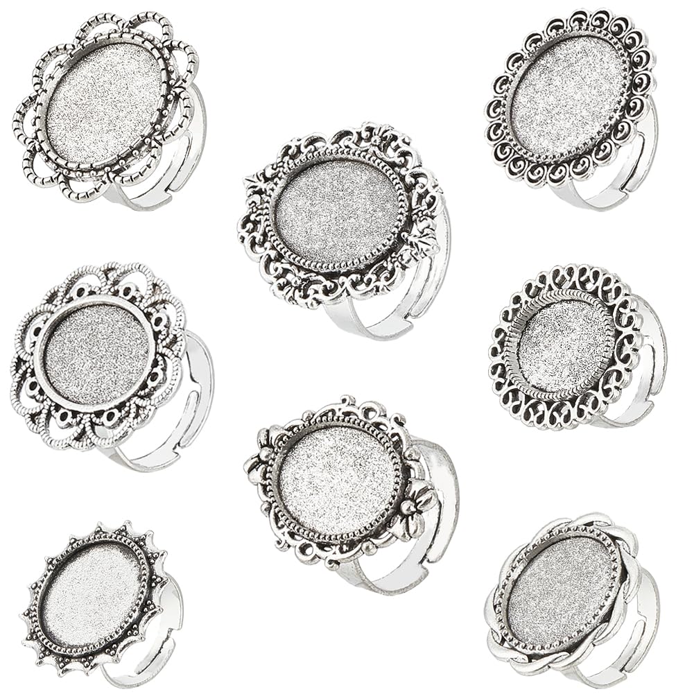 SUNNYCLUE 16Pcs 8 Style Adjustable Ring Base Blank Silver Bezel Ring Blanks Antique Flower Oval Sun Trays Settings Vintage Alloy Finger Rings Components Findings for jewellery Making DIY Crafts